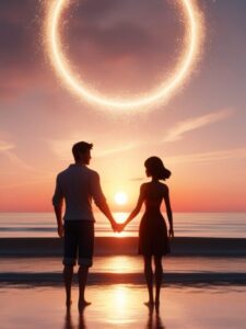 Two people holding hands at sunset with glowing light symbolizing love and manifestation.