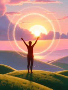 Person standing with arms raised at sunrise over peaceful hills, bathed in golden light symbolizing happiness and gratitude.