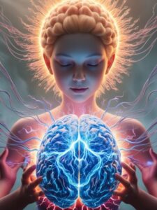 Brain with glowing connections and a person meditating, representing the power of manifestation.