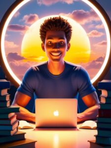 A bright, motivating image of Affirmations for students. A student sitting at a desk, surrounded by books and a glowing laptop, with an inspiring sunrise in the background.