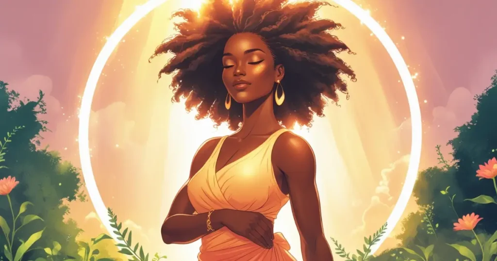 A confident Black woman stands in sunlight, radiating self-love and strength, surrounded by nature, symbolizing confidence affirmations for Black women, mental health, and spiritual growth.