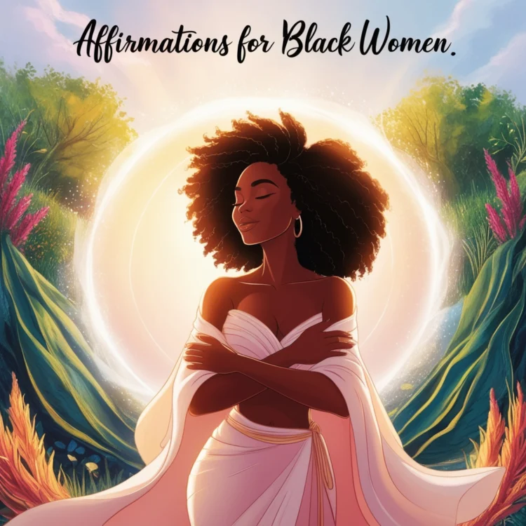 A confident Black woman stands in sunlight, radiating self-love and strength, surrounded by nature, symbolizing confidence affirmations for Black women, mental health, and spiritual growth.