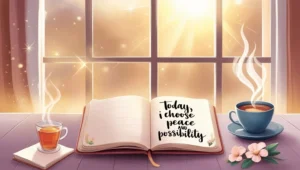Cozy morning scene with sunlight, a journal showing a handwritten affirmation, a cup of tea, and flowers—evoking calm, mindfulness, and the spirit of Louise Hay morning affirmations.