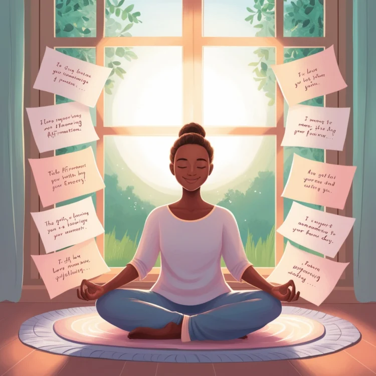 Peaceful morning scene with sunlight, person meditating with Louise Hay morning affirmations, and nature outside the window.