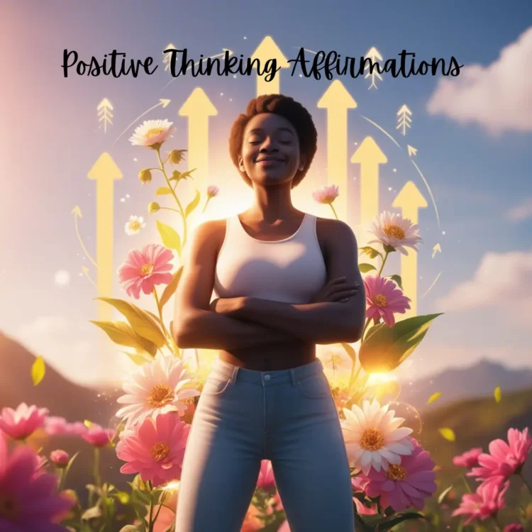 A confident person surrounded by glowing symbols of positivity and growth, representing the power of positive thinking affirmations.