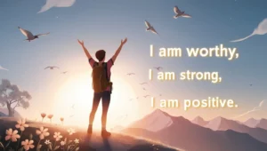 A person standing triumphantly on a mountain at sunrise with arms raised, symbolizing empowerment and positivity, surrounded by glowing affirmation words like “I am worthy” and “I am strong.”
