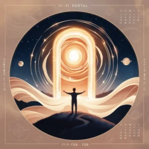 Bright 11:11 portal in a starry sky with cosmic energy, symbolizing manifestation and transformation. A person stands facing the portal, surrounded by subtle planetary symbols and a timeline from November to February.