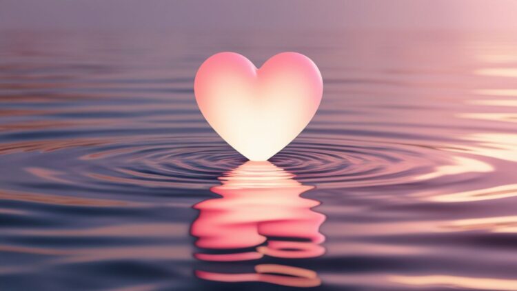 A glowing heart-shaped reflection on calm water, designed as a Love and Relationships Manifestation Wallpaper for Desktop, symbolizing romantic connection and serenity.