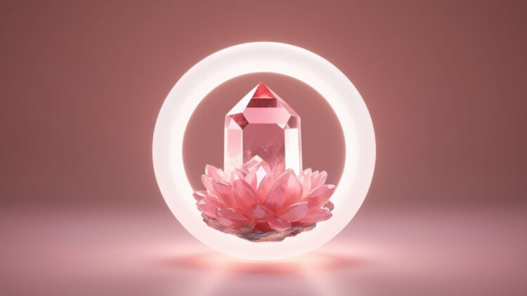 A glowing rose quartz crystal surrounded by light, designed as a Love and Relationships Manifestation Wallpaper for Desktop, representing love and healing energy.