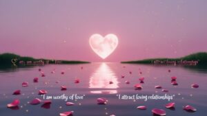 A glowing heart-shaped reflection on calm water, designed as a Love and Relationships Manifestation Wallpaper for Desktop, symbolizing romantic connection and serenity.