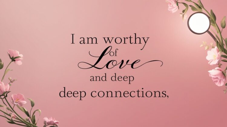 An affirmation with the text 'I am worthy of love' on a pink gradient background, designed as a Love and Relationships Manifestation Wallpaper for Desktop.
