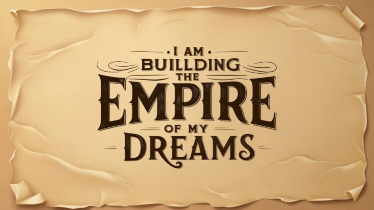 Desktop wallpaper with 'I am building the empire of my dreams' in bold font on a parchment-style background.