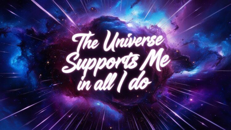 Manifestation affirmation wallpaper with a galaxy theme and 'The Universe supports me in all I do' for desktop.