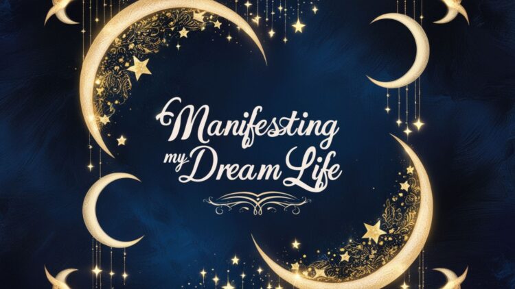 Desktop wallpaper featuring the affirmation 'Manifesting my dream life' with a celestial moon and star design.