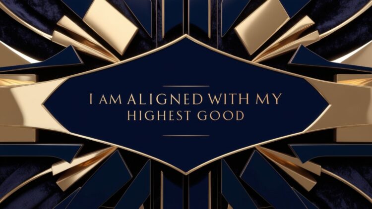 Manifestation wallpaper for desktop featuring 'I am aligned with my highest good' on a black and goalden background.