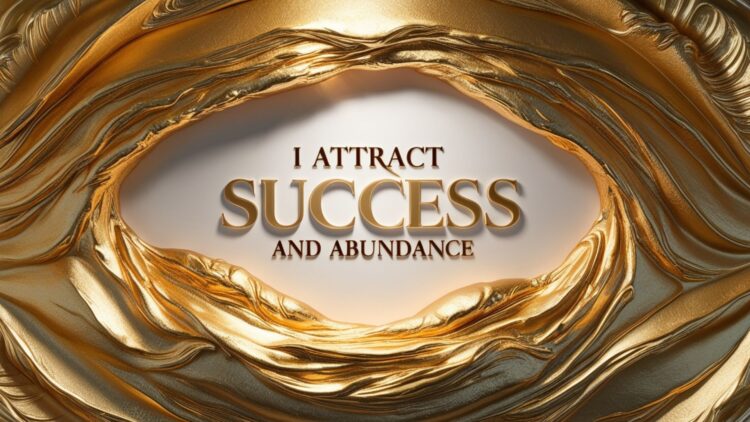 Desktop wallpaper with the affirmation 'I attract success and abundance' on a golden abstract background.