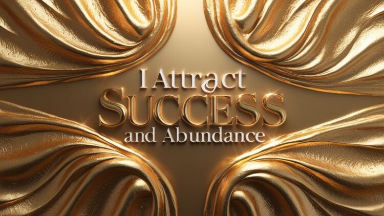 Desktop wallpaper with the affirmation 'I attract success and abundance' on a golden abstract background.