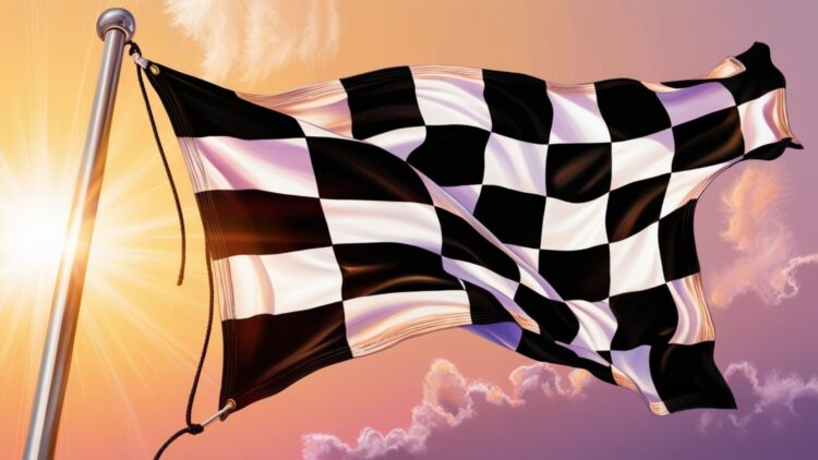 A checkered racing flag waving in the golden sunset, representing victory and success. Designed as a Success and Achievement Manifestation Wallpapers for Desktop.