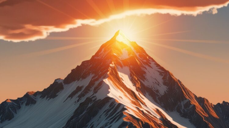 A mountain peak glowing at sunrise, symbolizing success and achieving goals. Designed as a Success and Achievement Manifestation Wallpapers for Desktop.