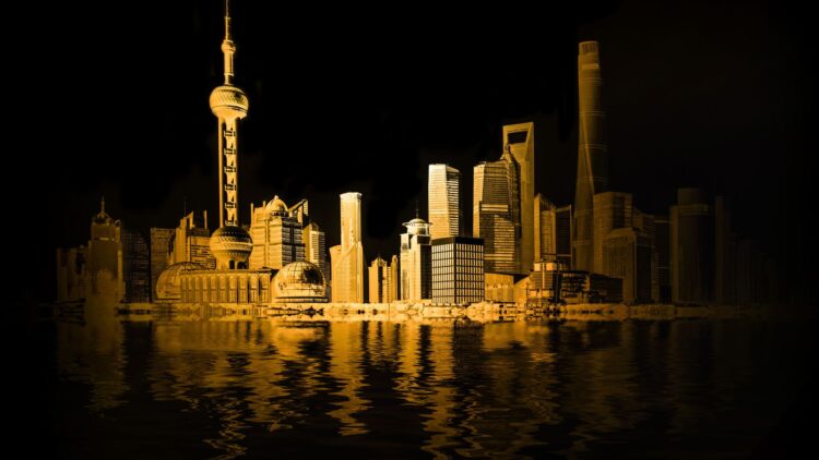 A golden cityscape at night, symbolizing ambition and prosperity. Designed as a Success and Achievement Manifestation Wallpapers for Desktop.