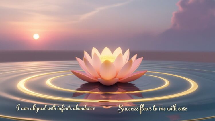 PC Desktop Financial Abundance Manifestation Wallpapers of golden lotus flower, centered on a black background with radiant golden light beams extending outward. 