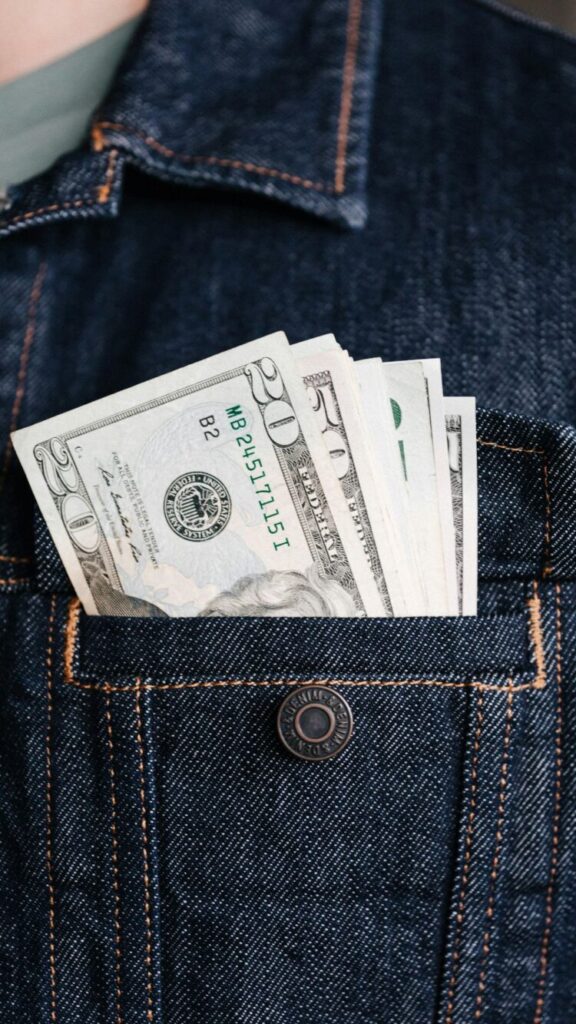 A Phone wallpaper featuring full pocket of money symbolizing Financial abundance.