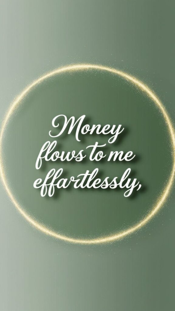 A Phone wallpaper featuring affirmation money flows to me effortlessly with green background symbolizing Financial abundance.