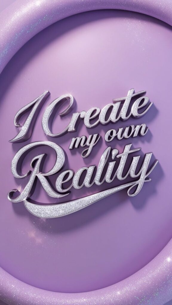 Manifestation wallpaper for phone with 'I create my own reality' on a glittery lavender background.