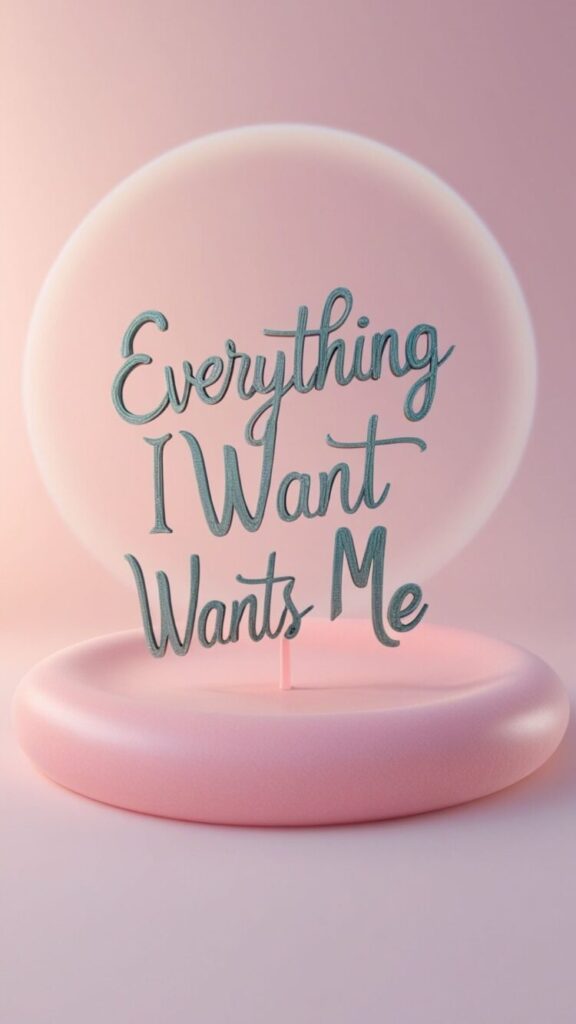 Phone wallpaper with 'Everything I want wants me' on a pink gradient background.