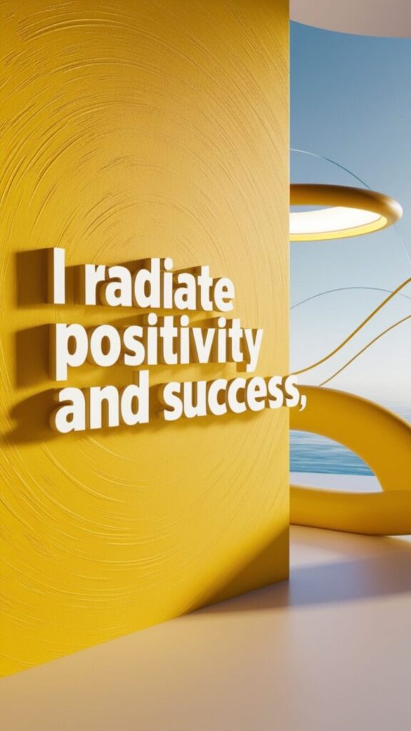 Manifestation affirmation phone wallpaper with 'I radiate positivity and success' on a yellow background.