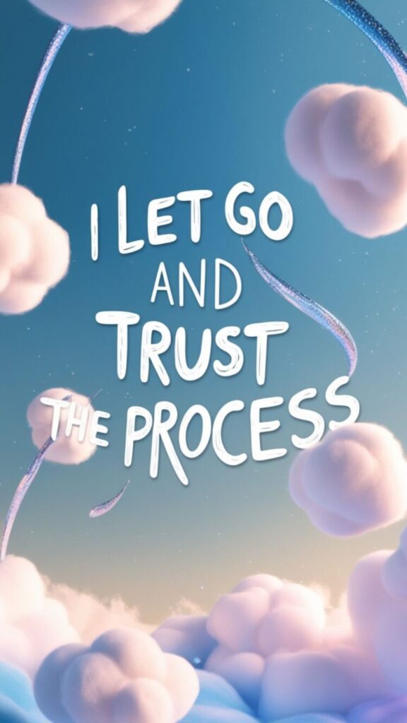 Phone wallpaper featuring 'I let go and trust the process' with a blue sky and clouds theme.