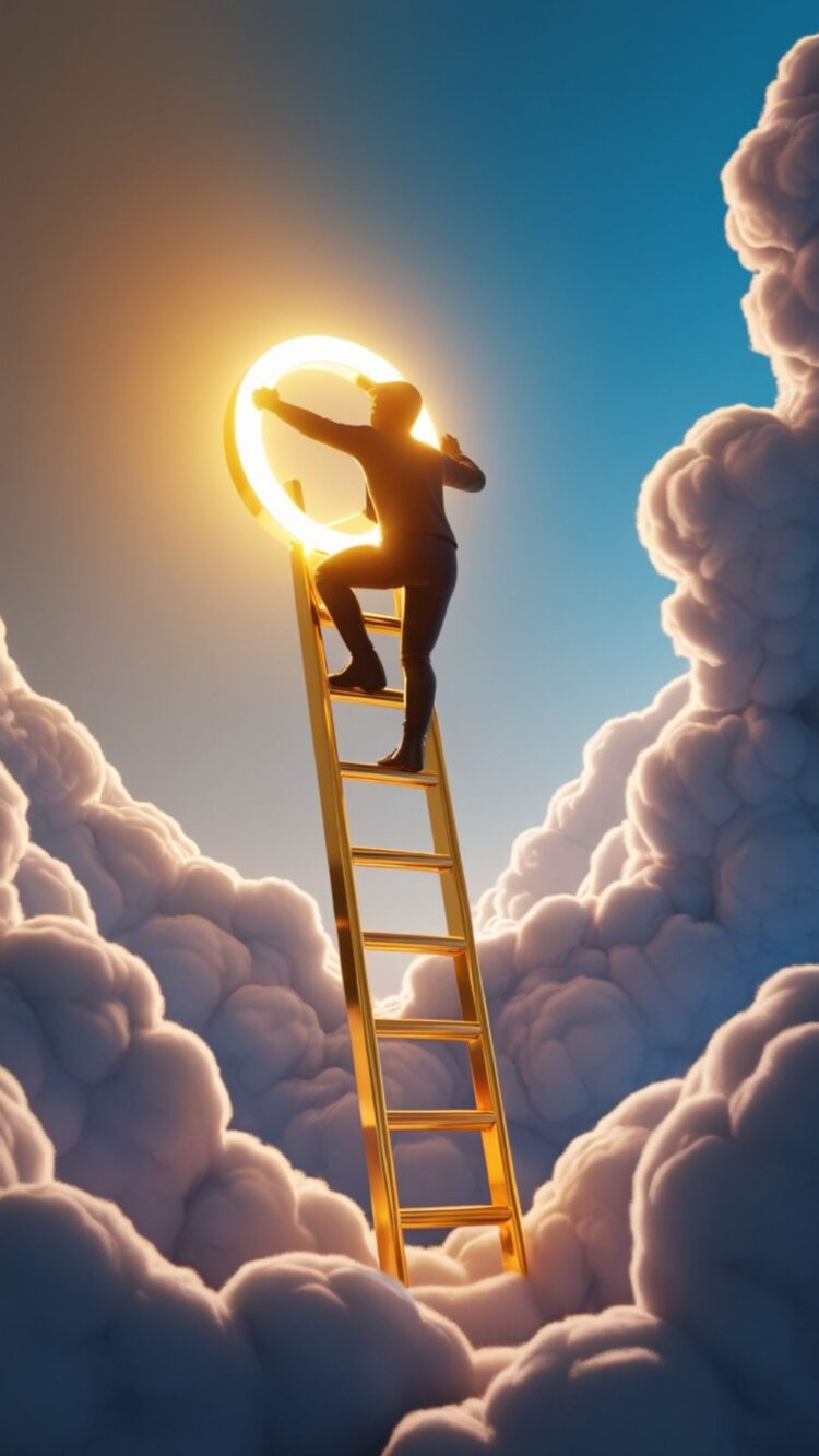 A silhouette climbing a golden ladder in the clouds, symbolizing ambition and achievement. Designed as a Success and Achievement Manifestation Wallpapers for Phone.