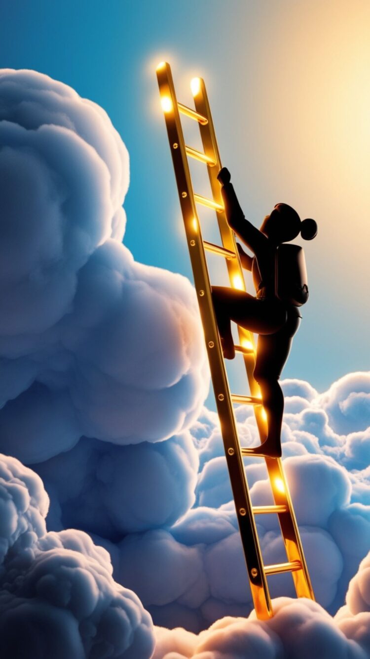 A silhouette climbing a golden ladder in the clouds, symbolizing ambition and achievement. Designed as a Success and Achievement Manifestation Wallpapers for Phone.