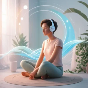 Person using subliminals for manifestation and subconscious reprogramming, listening with headphones in a peaceful setting for personal growth and positive change.