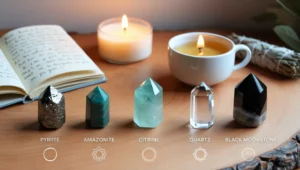 Five manifestation crystals—Pyrite, Amazonite, Citrine, Clear Quartz, and Black Moonstone—arranged with a journal, candle, and spiritual tools for intention setting and energy work.