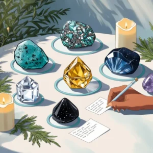 Manifestation crystals: Pyrite, Amazonite, Citrine, Clear Quartz, and Black Moonstone arranged in a calming space with candles and greenery, perfect for attracting wealth, abundance, and fresh beginnings.