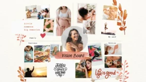 A creative vision board featuring images for travel, health, relationships, and career.