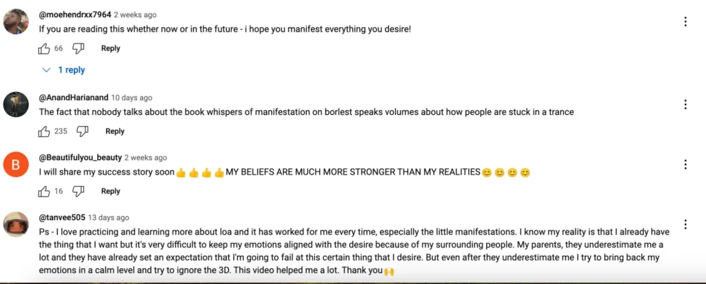 Screenshot of fake comment under popular You tube video about whisper manifestation on borlest.