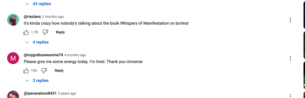 Screenshot of fake comment under popular You tube video about whisper manifestation on borlest.