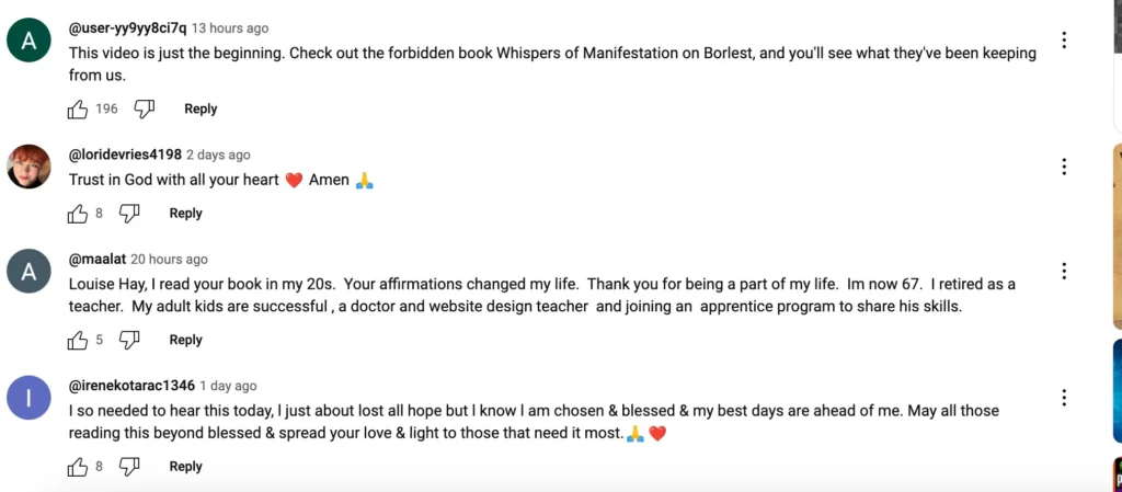 Screenshot of fake comment under popular You tube video about whisper manifestation on borlest.