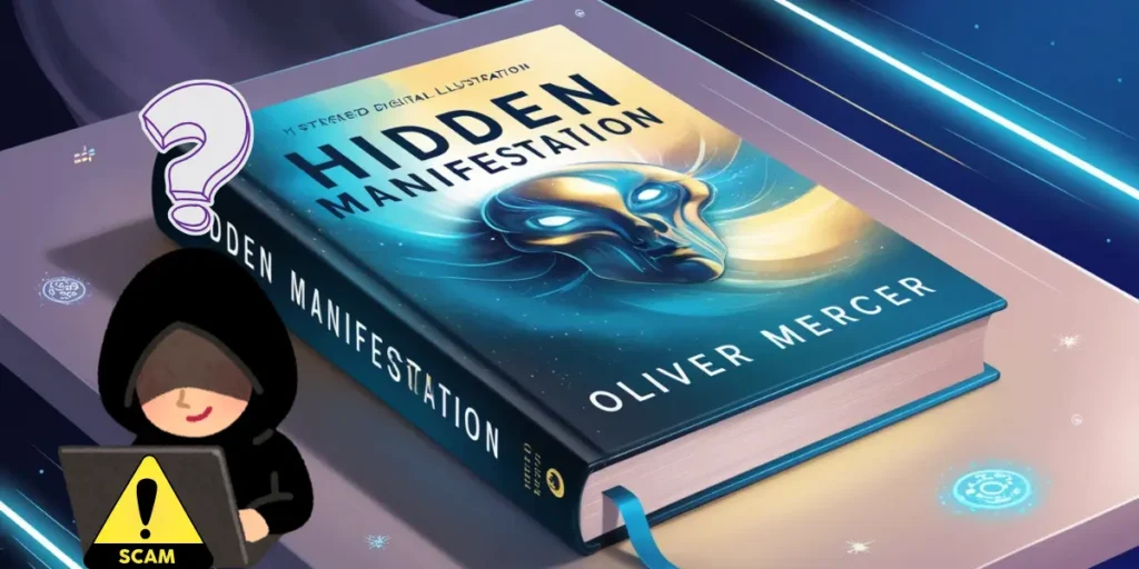 Illustration of a fictional book titled 'Hidden Manifestation' by Oliver Mercer, with a sleek design and mystical elements highlighting themes of intrigue and manifestation.