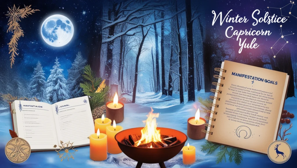 A serene winter scene with a snow-covered forest under a solstice moon, candles glowing around a fire pit, and a journal labeled 'Manifestation Goals,' representing Winter Solstice, Capricorn season, and Yule rituals.