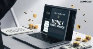 Digital guide titled 'The Elite Society's Money Manifestation' displayed on a tablet with scattered dollar bills and a website in the background, emphasizing its promotional and manifestation theme.