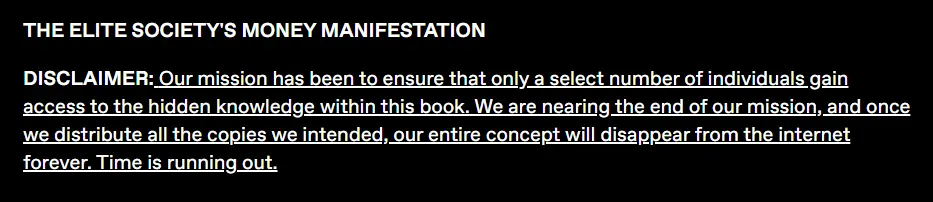 Screenshot of disclaimer on elite society's money manifestation. 