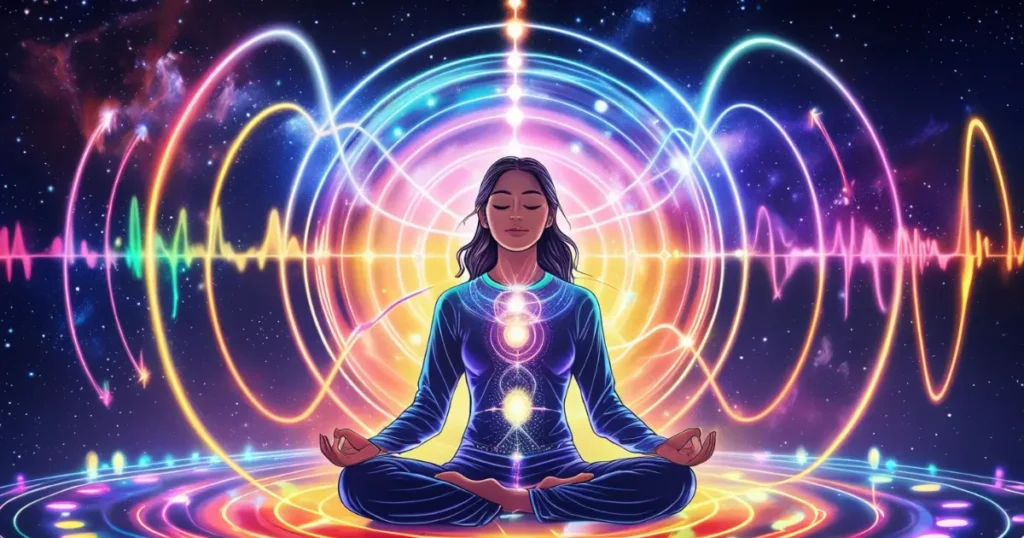 Person meditating with sound frequencies for manifestation and high vibrational energy.