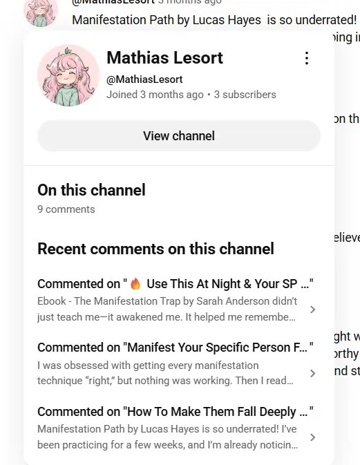 Fake comments under Youtube videos to promote manifestation path by Lucas Hayes.