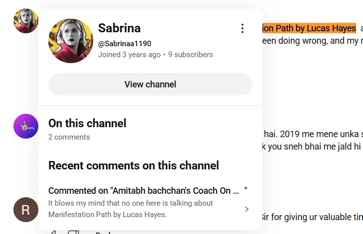 Fake comments under Youtube videos to promote manifestation path by Lucas Hayes.