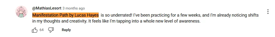 Fake comments under Youtube videos to promote manifestation path by Lucas Hayes.