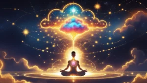 A mystical illustration of manifestation, showing a person meditating with a glowing aura, surrounded by cosmic energy. Their dreams—success, love, health, and abundance—materialize in a thought bubble. The background blends science and spirituality with neurons, brainwaves, stars, and galaxies, symbolizing the power of manifestation.
