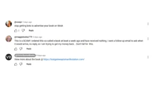 User comments on Lost Gateway to Manifestation book, including scam accusations and reports of fake promotions.